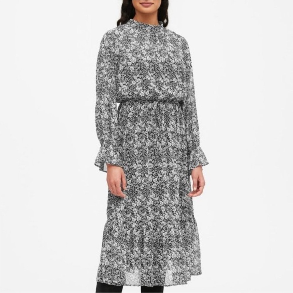 Banana Republic Sheer Floral Maxi Ruffle Long Sleeve Dress Size 20‎